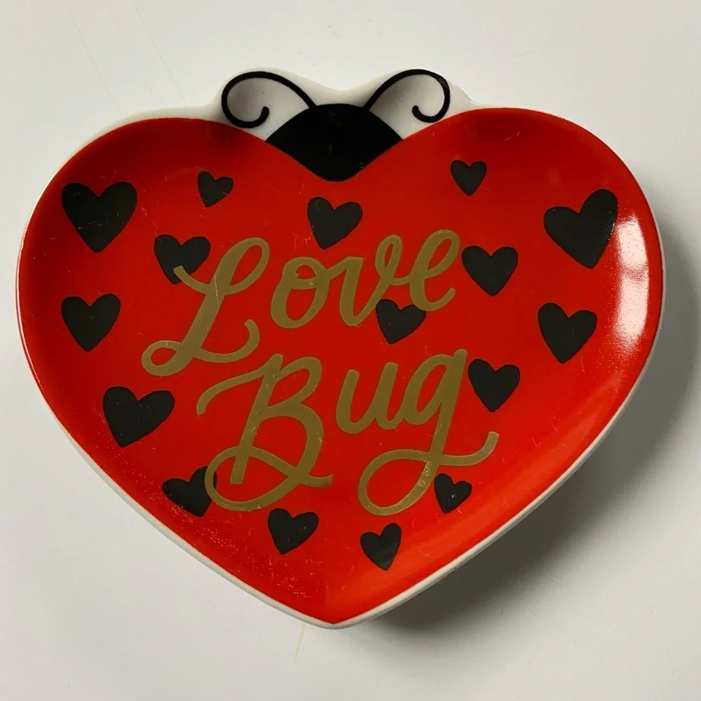 Ladybug Trinket Dish Ceramic Red Heart Valentines Decor 4” Love Bug Paper Source